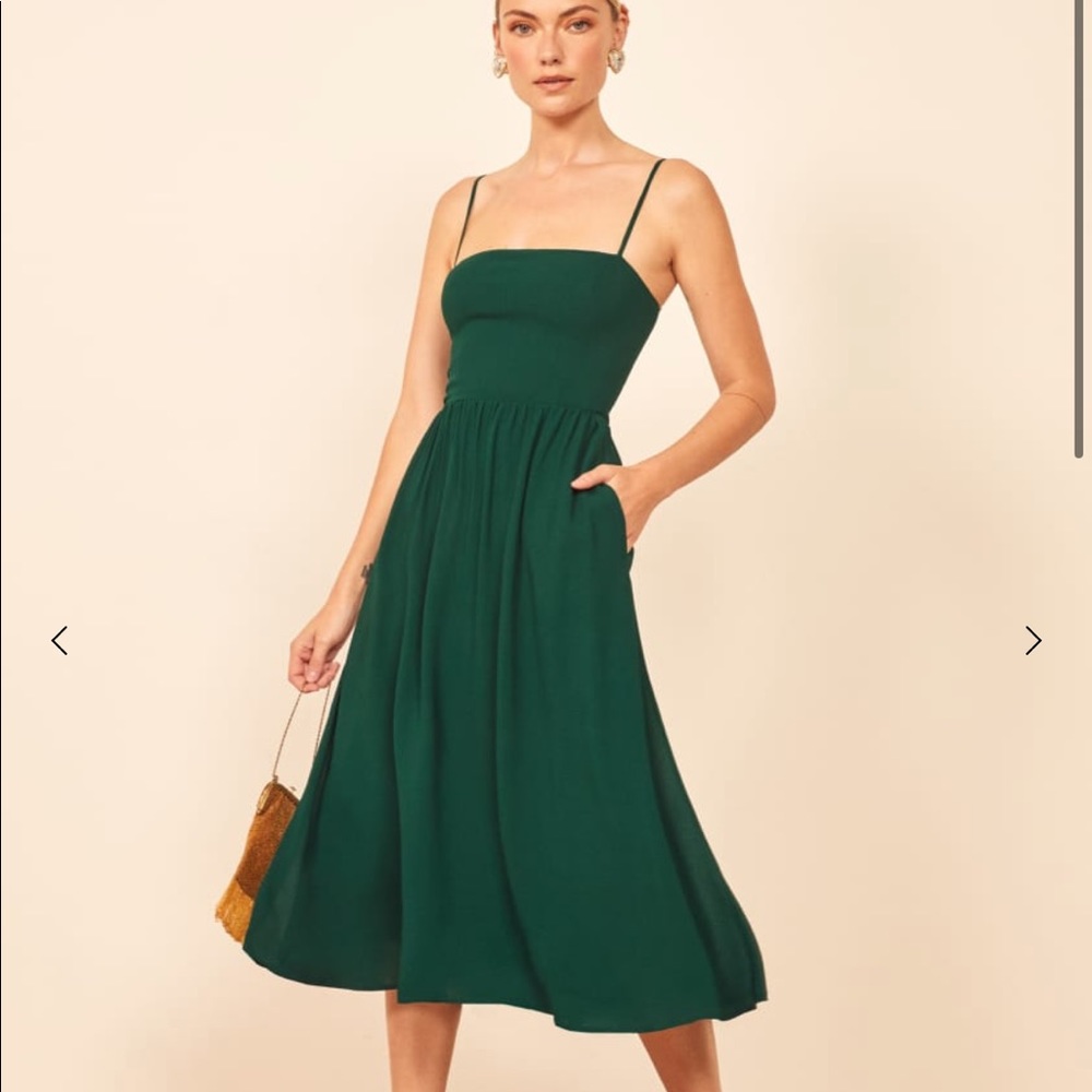 Emerald Green Reformation Rosehip Dress. $248.
